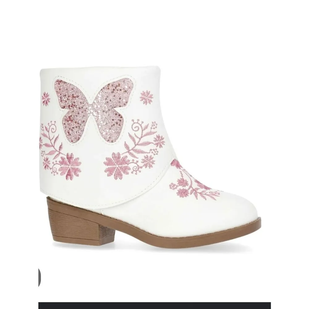 PAWZ White Kids Boots with Pink Glitter Butterfly